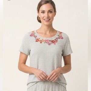 Savanna Jane Gray and White Cotton Striped ShortSleeveTop with Floral Embroidery